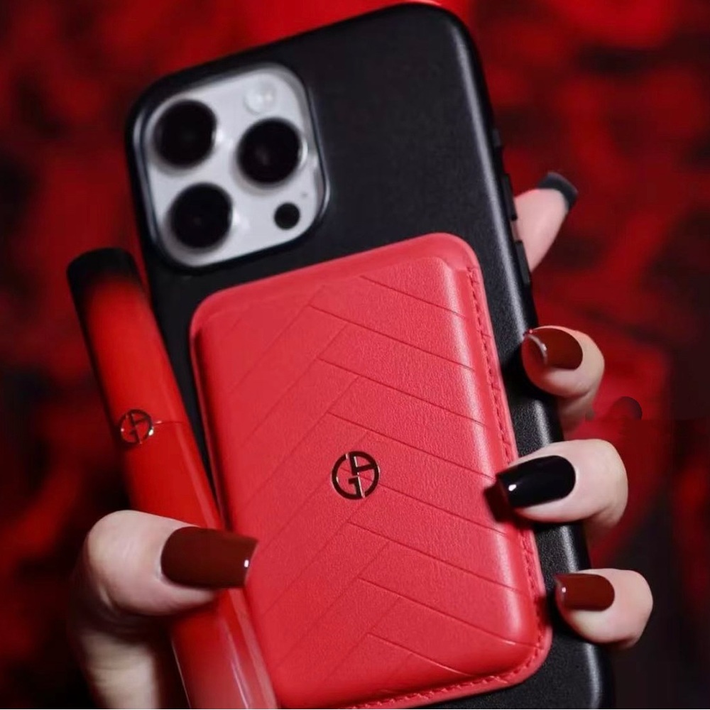 Giorgio Armani Red Leather Magnetic Wallet & Lipstick Phone Case Accessory